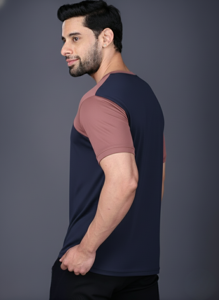 Yoddha Mesh - V neck Rose Dawn and Navy T-shirt