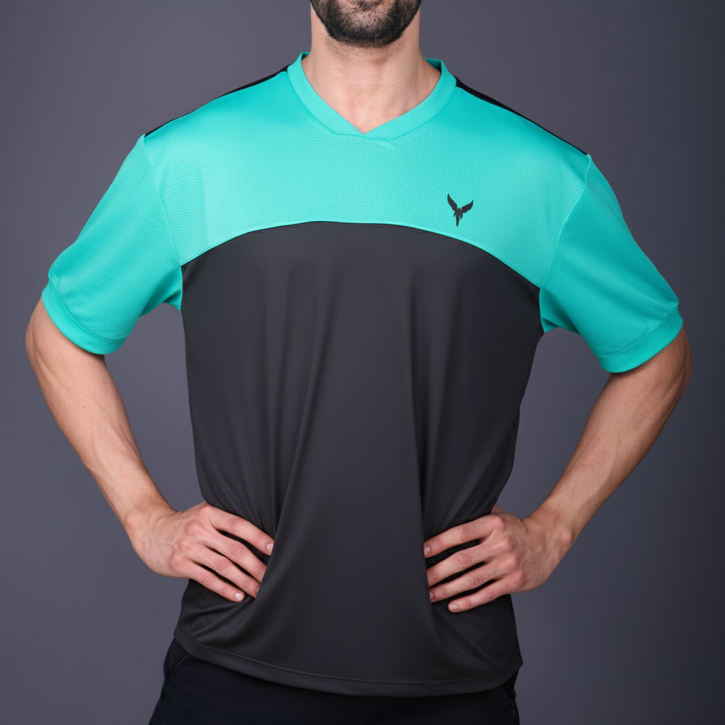 Yoddha Mesh - V neck Turquoise and Black T-shirt