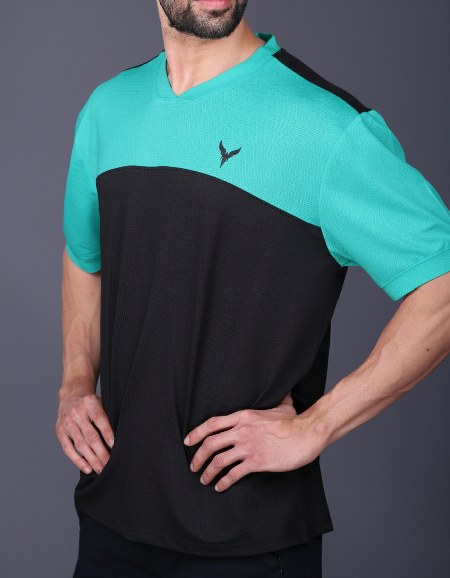 Yoddha Mesh - V neck Turquoise and Black T-shirt