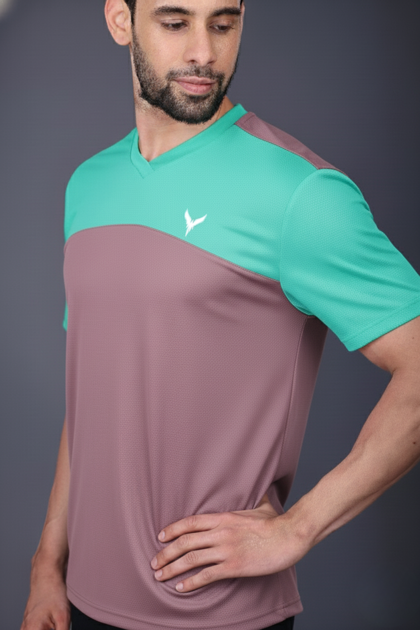 Yoddha Mesh - V neck Turquoise and Mauve T-shirt