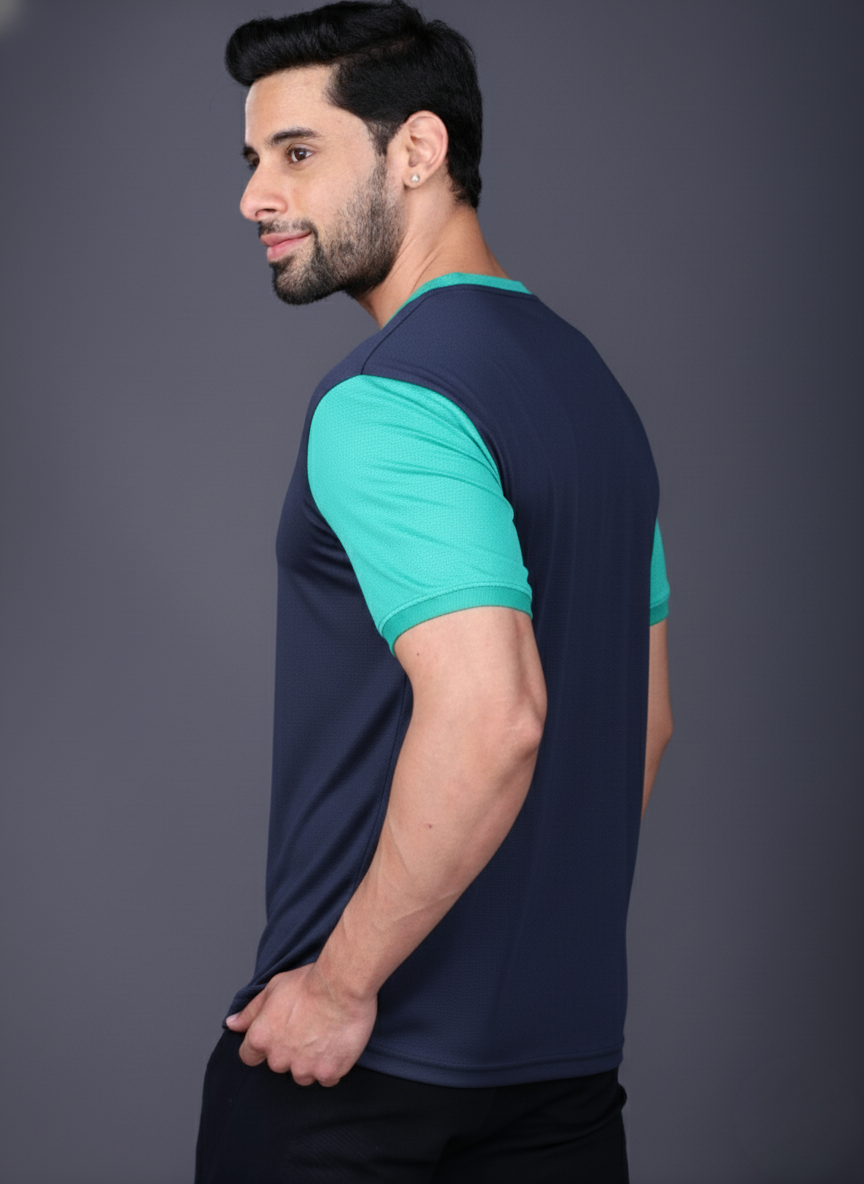 Yoddha Mesh - V neck Turquoise and Navy T-shirt