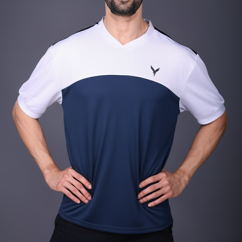Yoddha Mesh - V neck White and Navy T-shirt