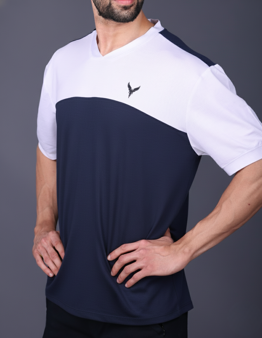 Yoddha Mesh - V neck White and Navy T-shirt