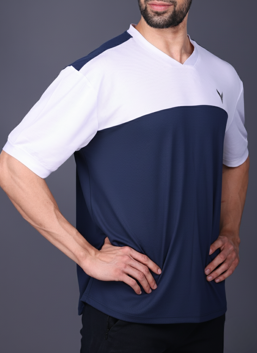 Yoddha Mesh - V neck White and Navy T-shirt